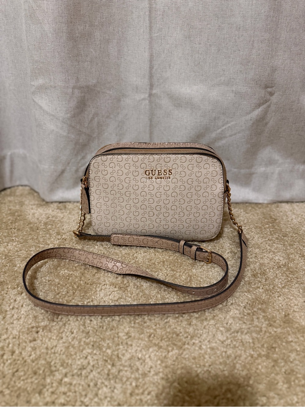 GUESS Beige Logo Print Crossbody Bag with Gold Hardware
